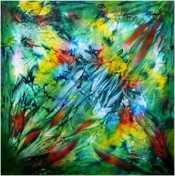 HANNA SCHERIAU, Globale Krise (Global Crisis), 2012, 110x110cm, bemalte Seide auf Leinwand (painted silk on canvas) 