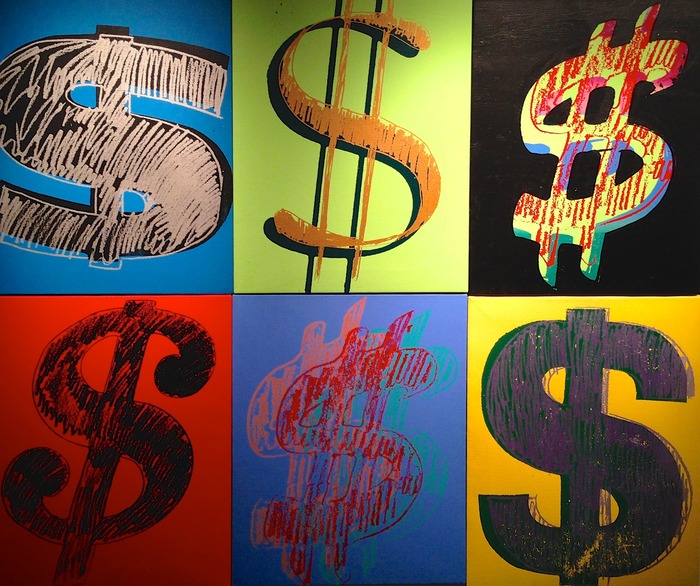 Andy Warhol 6 Dollar Signs 1982 synthetic polymers and silkscreen inks on canvas each is 20 x 16 inches