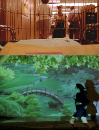 Film stills from Cindy Sherman's Office Killer (1997) and Jillian Mayer's Scenic Jogging