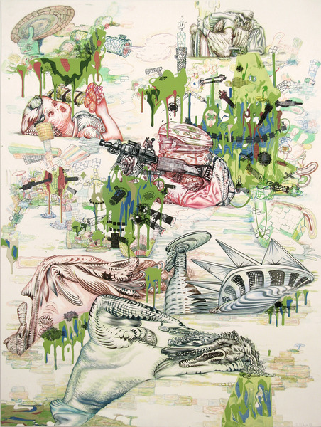 J.Fiber, Mishap, 2008, acrylic, ink and colored pencil on paper, 40" x 30" inches. Courtesy of the artist and Pierogi.