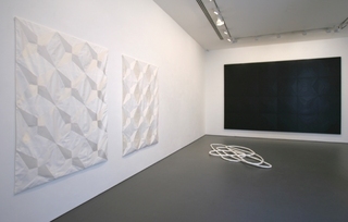 Installation view of the main exhibition space Untitled (White Rectangle, Fabric Version I) - 2009, Untitled (White Rectangle, Fabric Version II) - 2009, Limiting Factors I - 2009 and Untitled (Black Mixed Media Painting II) - 2009,Robert Dowling