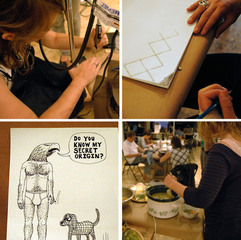 Clockwise from top left: Ahna workin\' with the dremel; Amy\'s sweater pattern; Julia tasting her homemade split pea soup (yum); Dustin Kelly\'s drawing.,