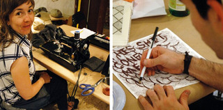 From left to right: Ahna salvaging a sweater using Cameron Kelly\'s vintage Singer sewing machine; a drawing in the making!,