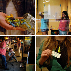 Clockwise from top left: Hand-rolled paper; Allie + Ellie collaborating; Catrin\'s completed sea glass pendant; Brandon Olsen observing Justin Hurty\'s performance with Raphael Noz.,