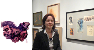 Curator Veronica Aberham standing with the works of the late artist Otto Franz Krone. ,