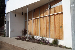 Plywood Curtains at 995 N. Hill, LA, CA (installation view),Jennifer Bolande