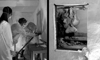 Installation view. (Left) Dr. Chantal Lee and coworkers of the Anthropological Services Ontario purportedly opening the concealed chamber in basement of the historical Grange. (Right) View into the chamber.,Iris Häussler