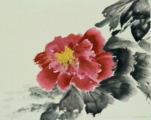 Peony & Black Leaves, by Tisha Kenny, watercolor on paper, all rights reserved