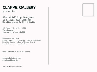The Mobility Project at Galerie Suvi Lehtinen - postcard back,Fedora Romita, plan b/Sophia New & Dan Belasco Rogers, Kerstin Honeit, Enda O’Donoghue, Elly Clarke, Simon Clark, Kym Ward