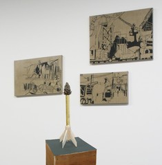 studio installation view with Pine Cone Rocket and paintings,Lisi Raskin