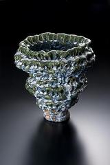  Large pinched white and copper-blue glazed undulating vessel with narrow bottom,Hoshino Satoru