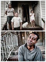 (Top):  Tice Lerner, Ever Onward Series, No. 3, C-Print (Family on porch, Binghamton, NY)  |  (Bottom): Tice Lerner, Ever Onward Series, No. 5, C-Print (Man on steps, Binghamton, NY),Tice Lerner