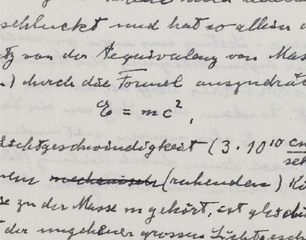 The image is from an Albert Einstein manuscript containing his famous E=mc2 -- by permission of The Albert Einstein Archives, The Hebrew University of Jerusalem,
