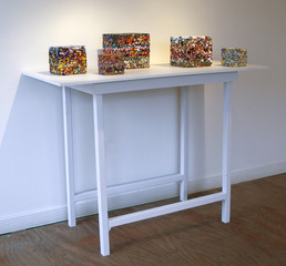 Installation shot of Morphed: paint chip cubes ,Kris Scheifele