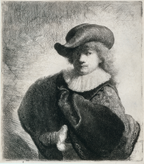 Zelfportret met hoed met slappe rand en geborduurde mantel,Rembrandt van Rijn