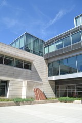 A fragment of Danh Vo’s ongoing project "We The People"--full-scale replicated pieces of the Statue of Liberty--is positioned against the University of Chicago\'s Booth Business School,Danh Vo