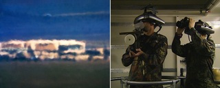 LEFT (Harun Farocki): Open Hangar; Cactus Flats, NV; Distance ~ 18 miles; 10:04 a.m. RIGHT(Trevor Paglen): War At a Distance,